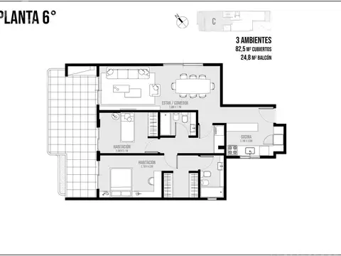 Departamento 3 ambientes con 2 baños