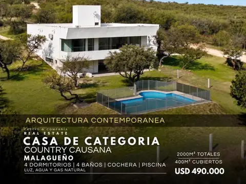 Venta Casa De Arquitectura Contemporánea de 4 Dormitorios con Piscina En Country Causana - Malagueño