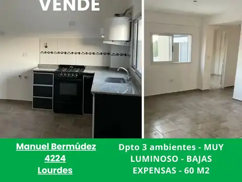 Dpto 3 ambientes - MUY LUMINOSO - BAJAS EXPENSAS - 60 M2 APTO CREDITO BANCARIO 