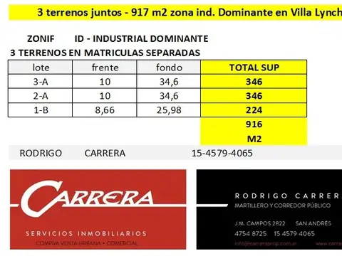 VENTA – 3 lotes total 917m2 - en Villa Lynch, Pcia de BSAS –   - tasamos HOY