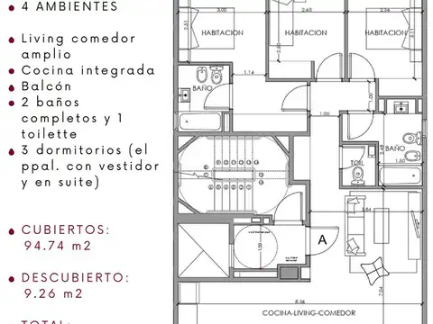 Departamento 4 ambientes con 2 baños