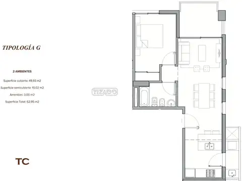 Departamento 2 ambientes con 1 baño