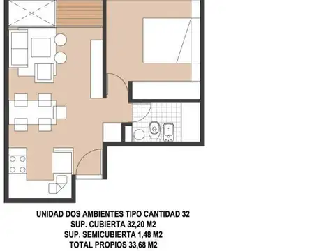 Departamento 2 ambientes con 1 baño
