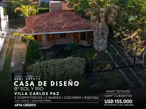 Venta Casa De Diseño De 3 Dormitorios, Piscina Y Gas Natural En Barrio Sol Y Río, Villa Carlos Paz