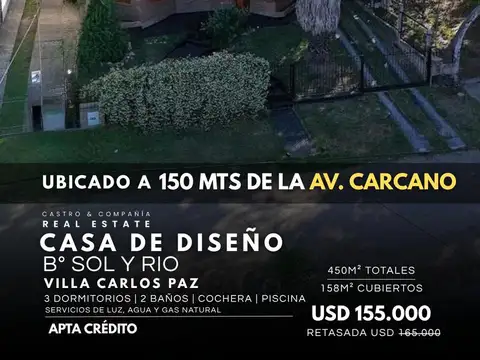 Venta Casa De Diseño De 3 Dormitorios, Piscina Y Gas Natural En Barrio Sol Y Río, Villa Carlos Paz