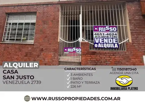Alquiler casa 3 ambientes San Justo