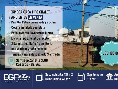 VENTA HERMOSA CASA TIPO CHALET 4 AMB CON 177MTS OPORTUNIDAD