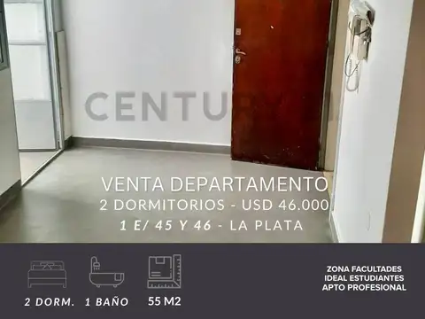 Venta de Departamento 2 dormitorios calle 1 entre 45 y 46