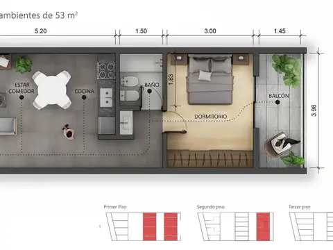 Departamento 2 ambientes con 1 baño