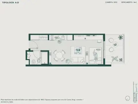 Departamento Monoambiente con 1 baño