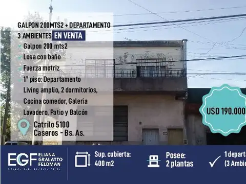 VENTA GALPON 200MTS2 + DEP 3 AMB POR CASEROS