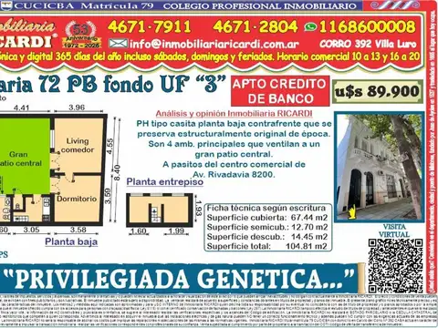 GENETICA PRIVILEGIADA PB fondo PH 4 amb 2 bños gran patio   