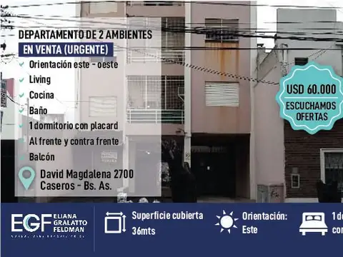 VENTA URGENTE 2 AMB CASEROS DAVID MAGDALENA 2700 CASEROS