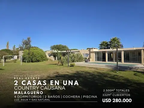 Venta 2 Casas 4 Dormitorios con Piscina En Country Causana - Malagueño