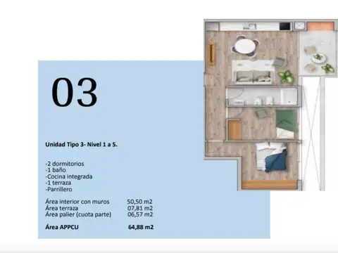 Departamento 3 ambientes con 1 baño