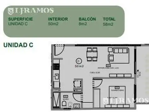 Departamento 2 ambientes con 1 baño