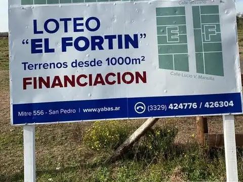 VENTA - LOTEO "EL FORTIN"  - ESCRITURACION INMEDIATA- San Pedro (Bs.As)  - Lucio Mansilla 4000 - FINANCIACION