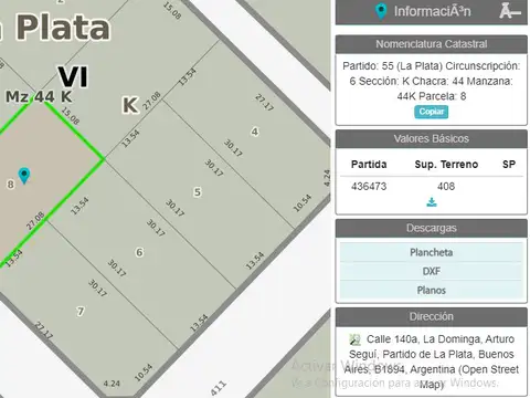 Terreno en Venta 27  mts Fondo