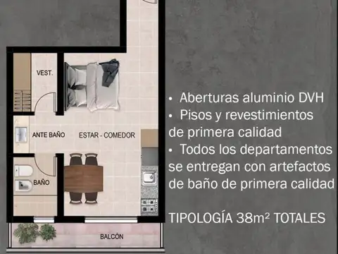 Departamento Monoambiente con 1 baño