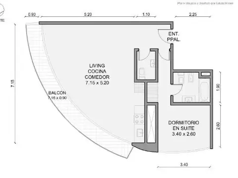 Departamento 2 ambientes con 2 baños