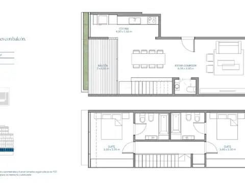 Departamento 3 ambientes con 2 baños