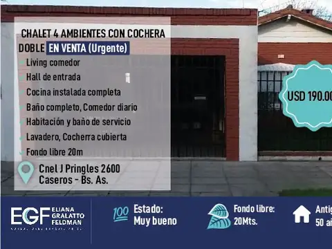 VENTA URGENTE CHALET 4 AMB CON COCHERRA DOBLE  APTO A CREDITO
