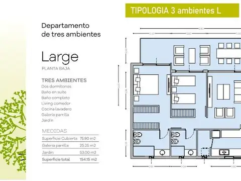 Departamento 3 ambientes con 2 baños