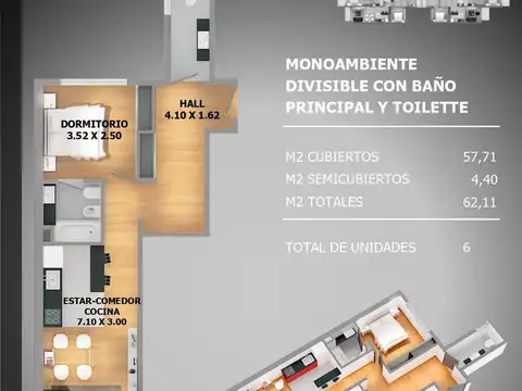 Departamento Monoambiente con 1 baño