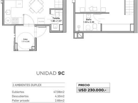 Departamento 2 ambientes con 1 baño