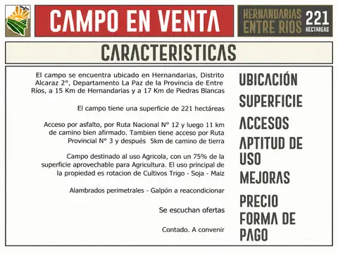 Campo en Venta de 221  ha