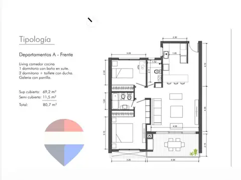 Departamento 3 ambientes con 2 baños