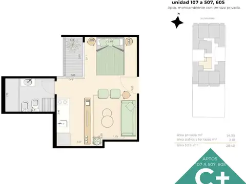 Departamento Monoambiente con 1 baño