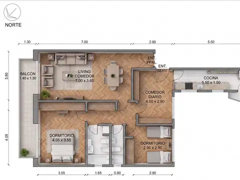 Departamento Monoambiente con 2 baños