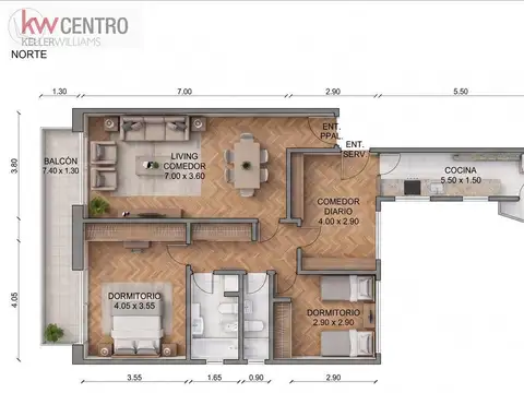 Departamento Monoambiente con 2 baños