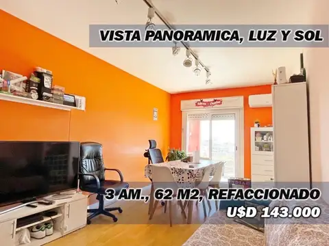 3 amb. 62 m2, Vista panor. Luz y sol, Palermo/Colegiales