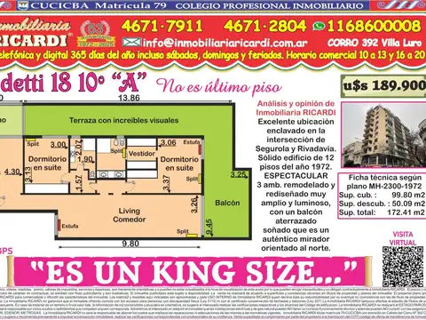 ES UN KING SIZE  divino 3 amb.todo a nuevo mega balcon-tza