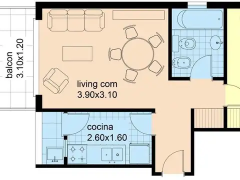 Departamento 2 ambientes con 1 baño