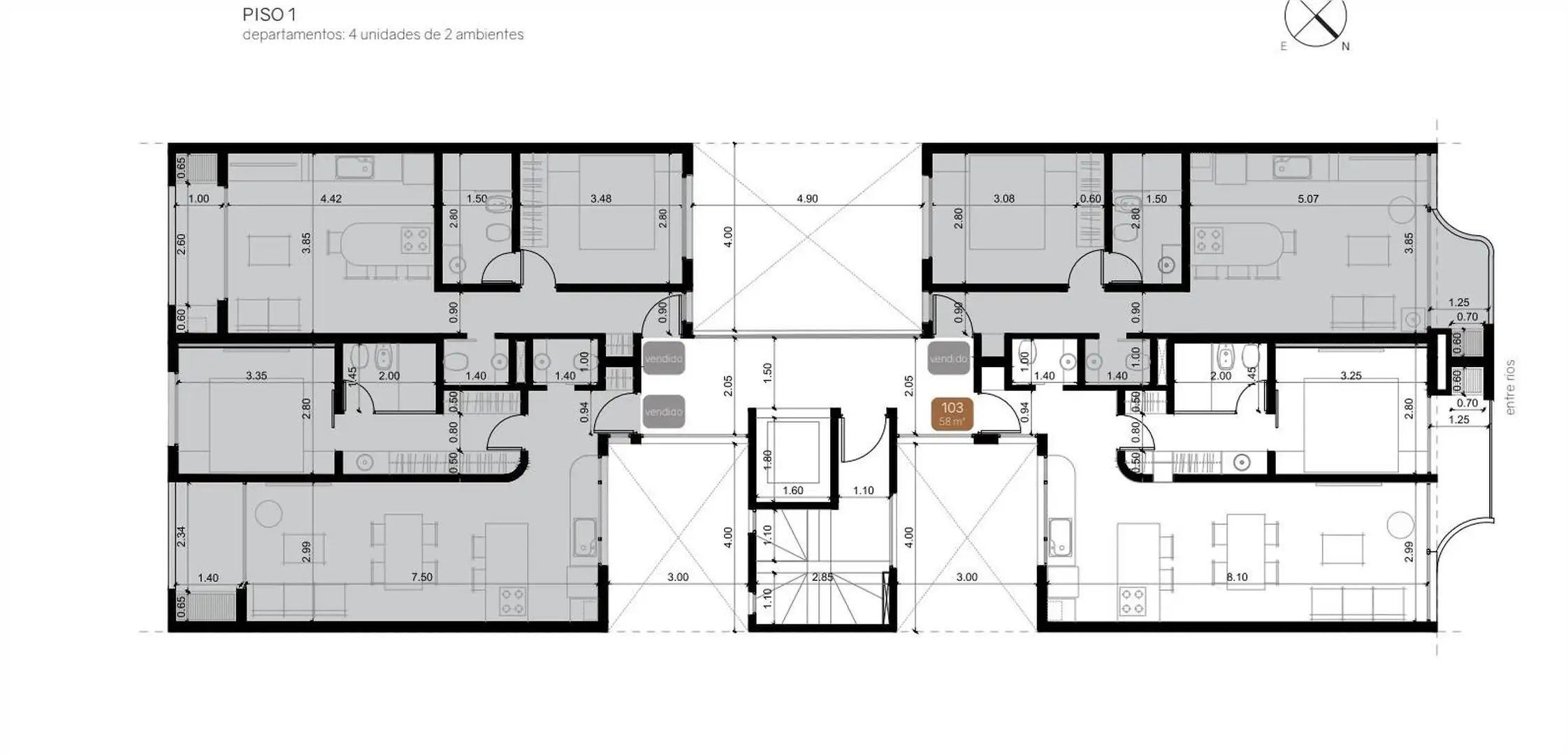 Departamento de 2 amb 48 m2 totales contrafrente
