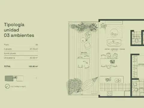 Departamento 3 ambientes con 1 baño