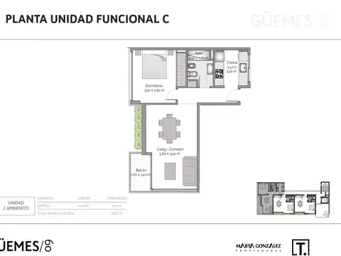 Departamento 2 ambientes con 1 baño