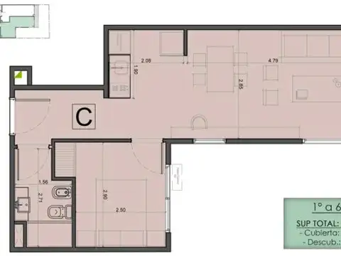 Departamento 2 ambientes con 1 baño