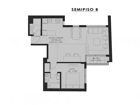 Departamento 2 ambientes con 2 baños