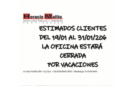 Horacio Malito Propiedades Cerrado por VACACIONES
