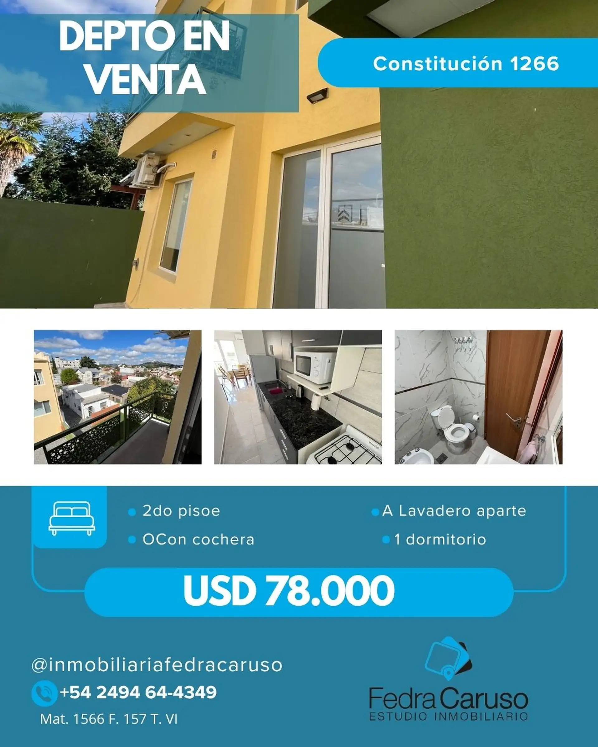 Depto 2 amb de 50 m², 2º piso por escalera, cochera y lavadero — Constitución, Tandil