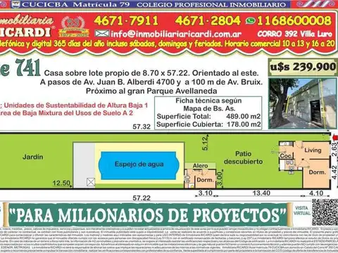 PARA MILLONARIOS DE PROYECTOS lote largo mitad de cuadra