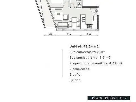 Departamento 2 ambientes con 1 baño