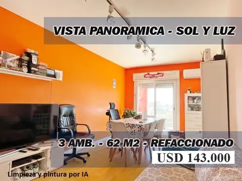 3 amb. 62 m2, Vista panor. Luz y sol, Palermo/Colegiales
