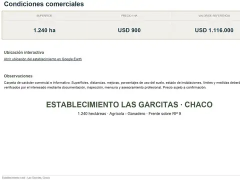 Campo 1.240 Hectareas  - Las Garcitas - Chaco