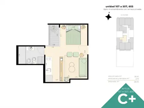 Departamento Monoambiente con 1 baño