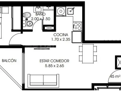 Departamento 2 ambientes con 1 baño